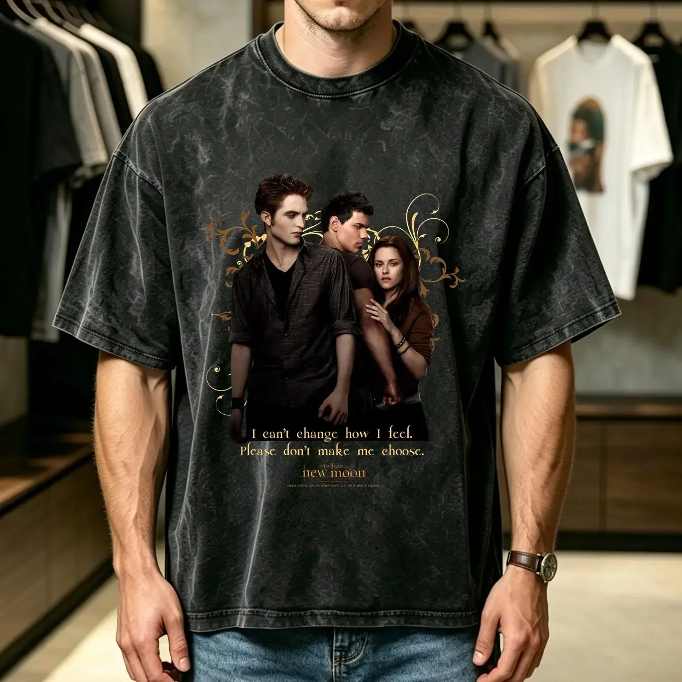 washed T Shirt twilight new moon poster vintage Washed designer clothes homme Comfortable Casual fashion Soft graphic Slightly