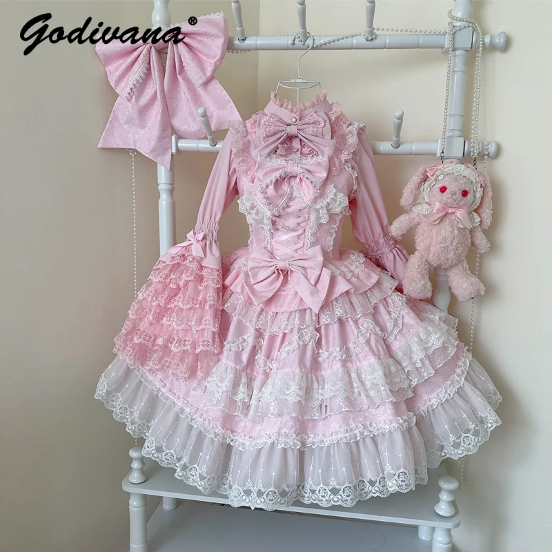 Super Fairy Lolita Dress Set New Spring and Autumn Sweet Girl Women\'s Flower Lace Bow Shirt Princess Jsk Suspender Dress