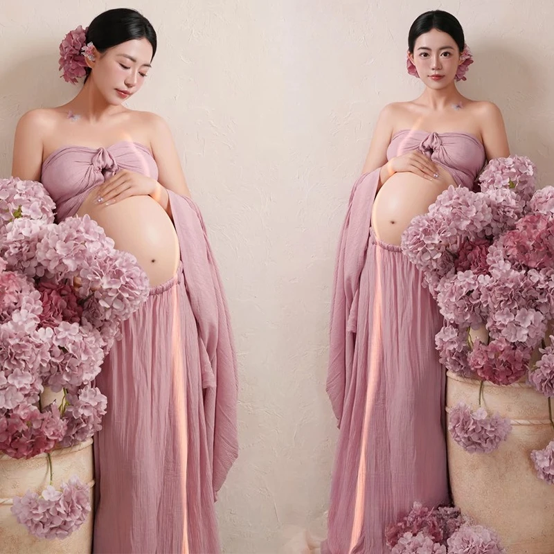 

Women Maternity Dress for Photoshoot Elegant Pink Top with Long Skirt 2pcs Suit Pregnancy Dresses for Studio Photography Shoot