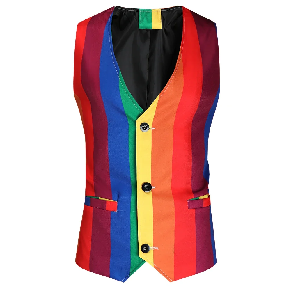 Mens Sleeveless Suit Vests Fashion Rainbow Striped Print Buttons Blazer Waistcoat Male Plus Size Formal Business Jacket Vest 4XL