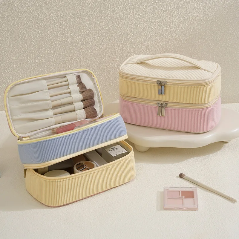 Double-layer makeup bag, corduroy travel-style divided makeup brush storage bag, hand-held large-capacity toiletry bag