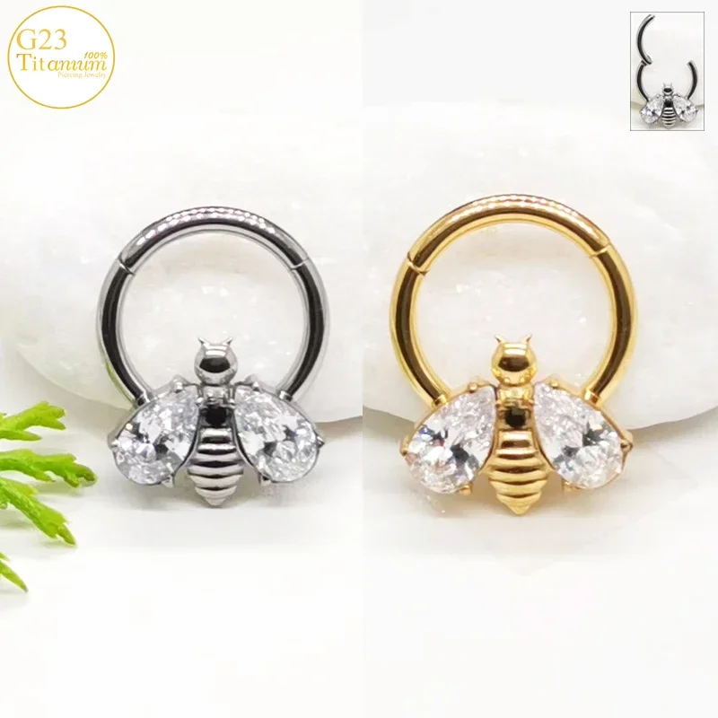 

Zircon Little Bee Earrings F136 Titanium Septum Piercing Nose Rings Cartilage Clicker Rings Tragus Helix Piercing Body Jewelry