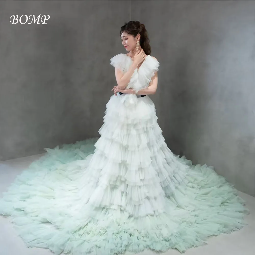 BOMP فستان زفاف أنيق أخضر فاتح على شكل حرف v طول الأرض متعدد الطبقات تول كوريا صورة تبادل لاطلاق النار فستان استقبال الزفاف مخصص