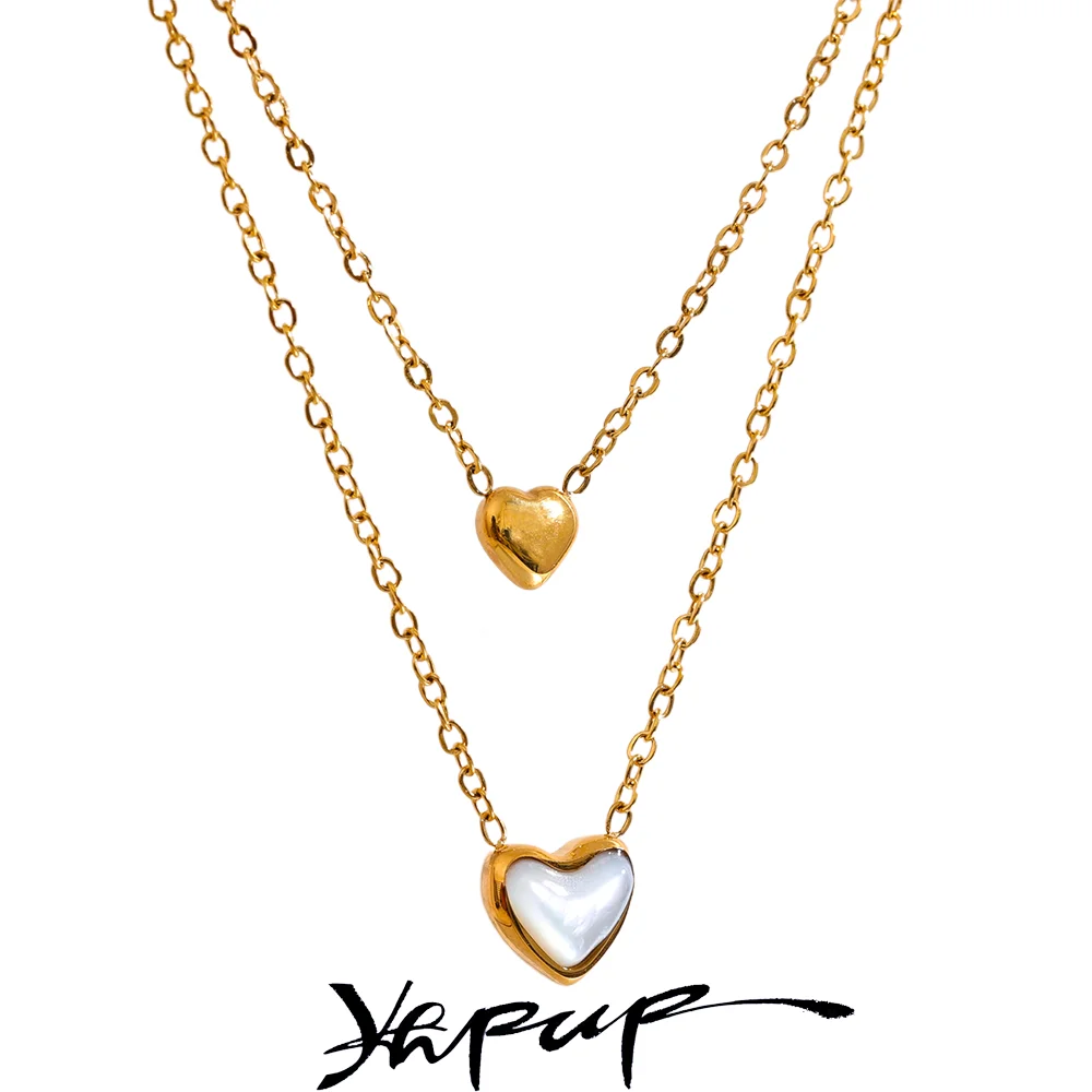 Yhpup Super Chic Stainless Steel Heart Natural Shell Pendant Double Layered Necklace Exquisite Chain Korean Jewelry Women Gift