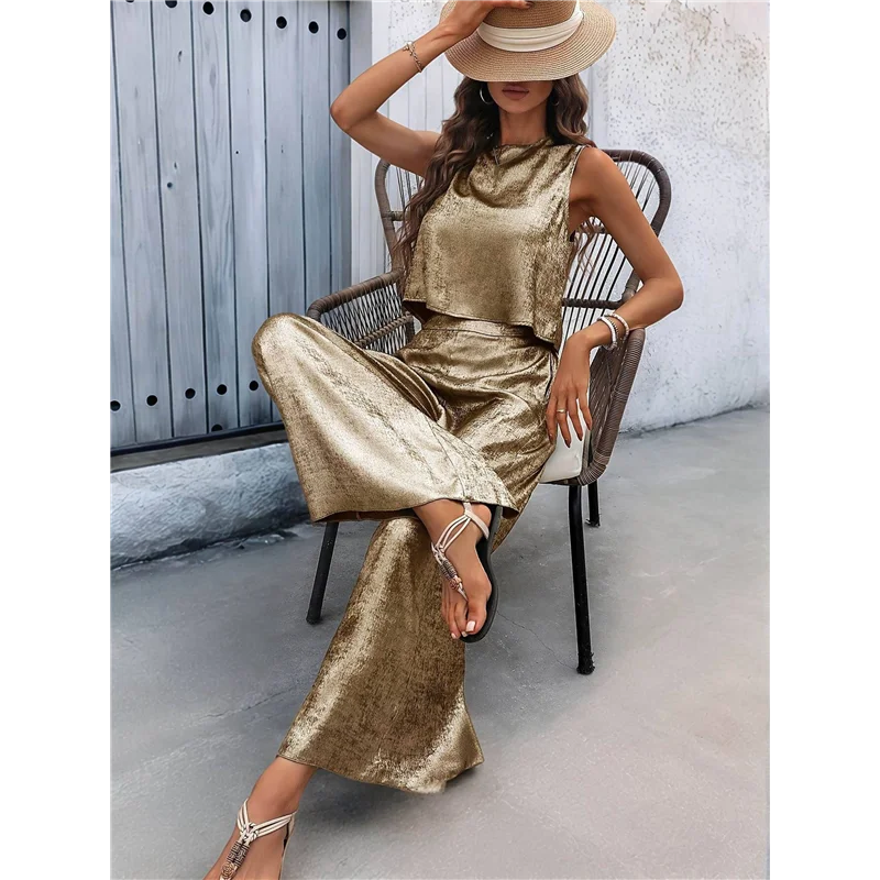 

CGS-Women's Summer 2 Piece Outfits Set Round Neck Sleeveless Tank Crop Top Wide Leg Pants Set Pockets Jumpsuits