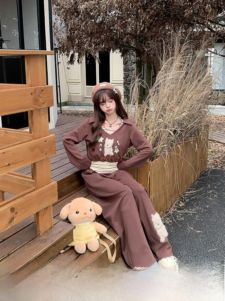 

Casual Sweet Style Women's Sweatshirt Set Autumn Long Pants Two-Piece Suit Embroidered Wide Leg Long Pants Fake Two-Piece