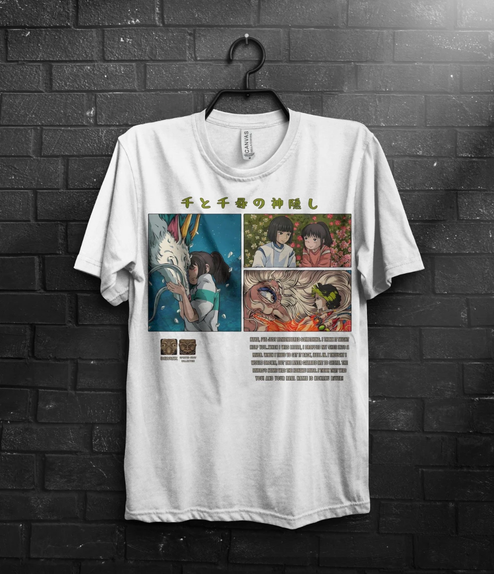 2026 Summer Spirited Away Chihiro And Haku Classic Scene Panel Graphic Black T-Shirt Unisex Oversized Y2K Streetwear Cotton Tee