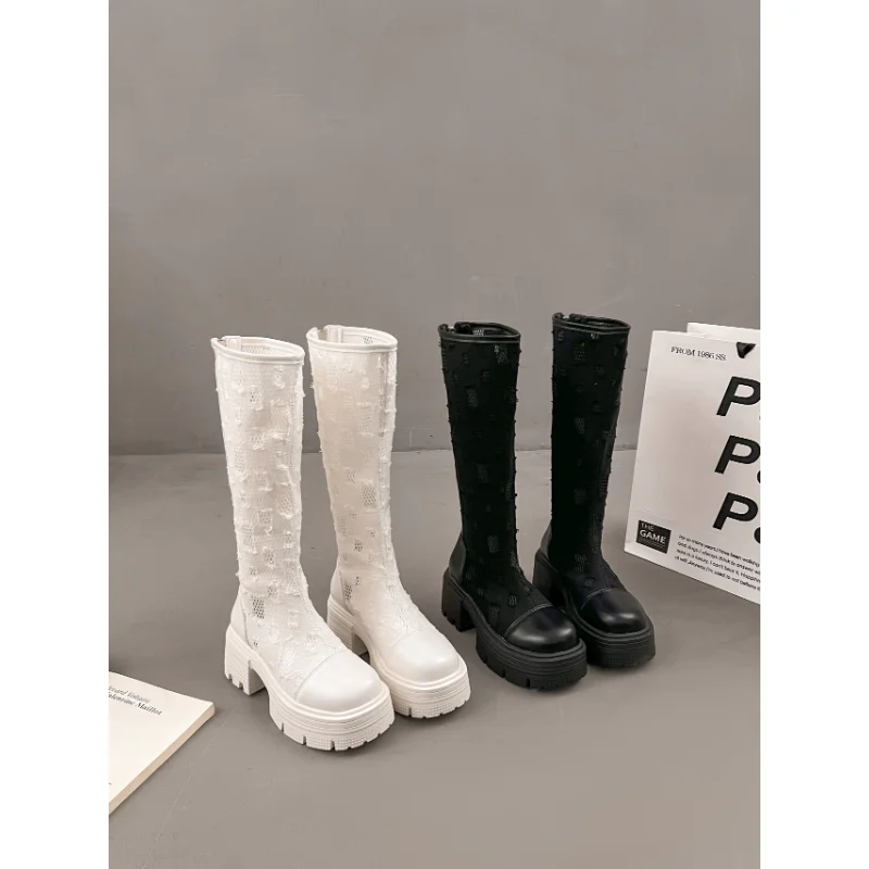 أحذية نسائية على الموضة أحذية طويلة شبكية جديدة مع نعل سميك قابل للتنفس وصنادل بمقدمة مستديرة لا توجد فوق الركبة #4