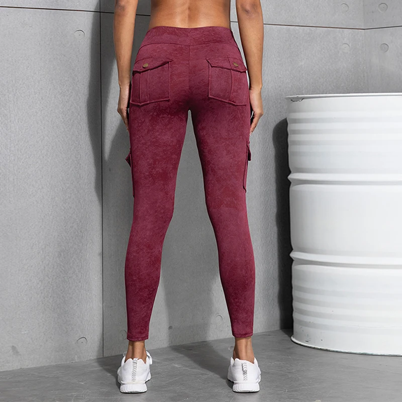 女性洗浄プリントワークポケットレギンスハイウエストバットリフティングフィットネスタイツ 2025 新 5 色のファッションレギンス