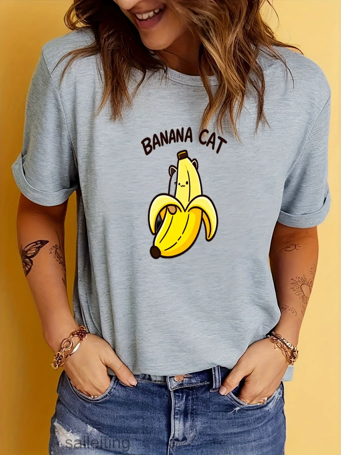 Banana Cat T-Shirt Funny Cartoon Tee for Men Women, Cute Yellow Banana with Cat Ears Whimsical Graphic Print Short Sleeve Sum