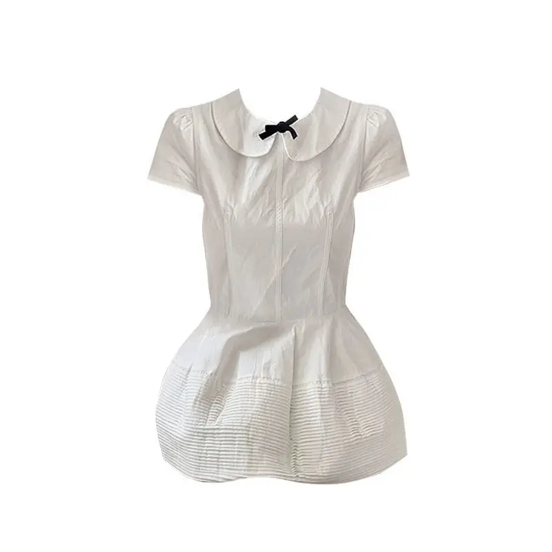 

Doll Collar Bow Short Sleeve Shirt for Women Summer Design Waist Cute Top