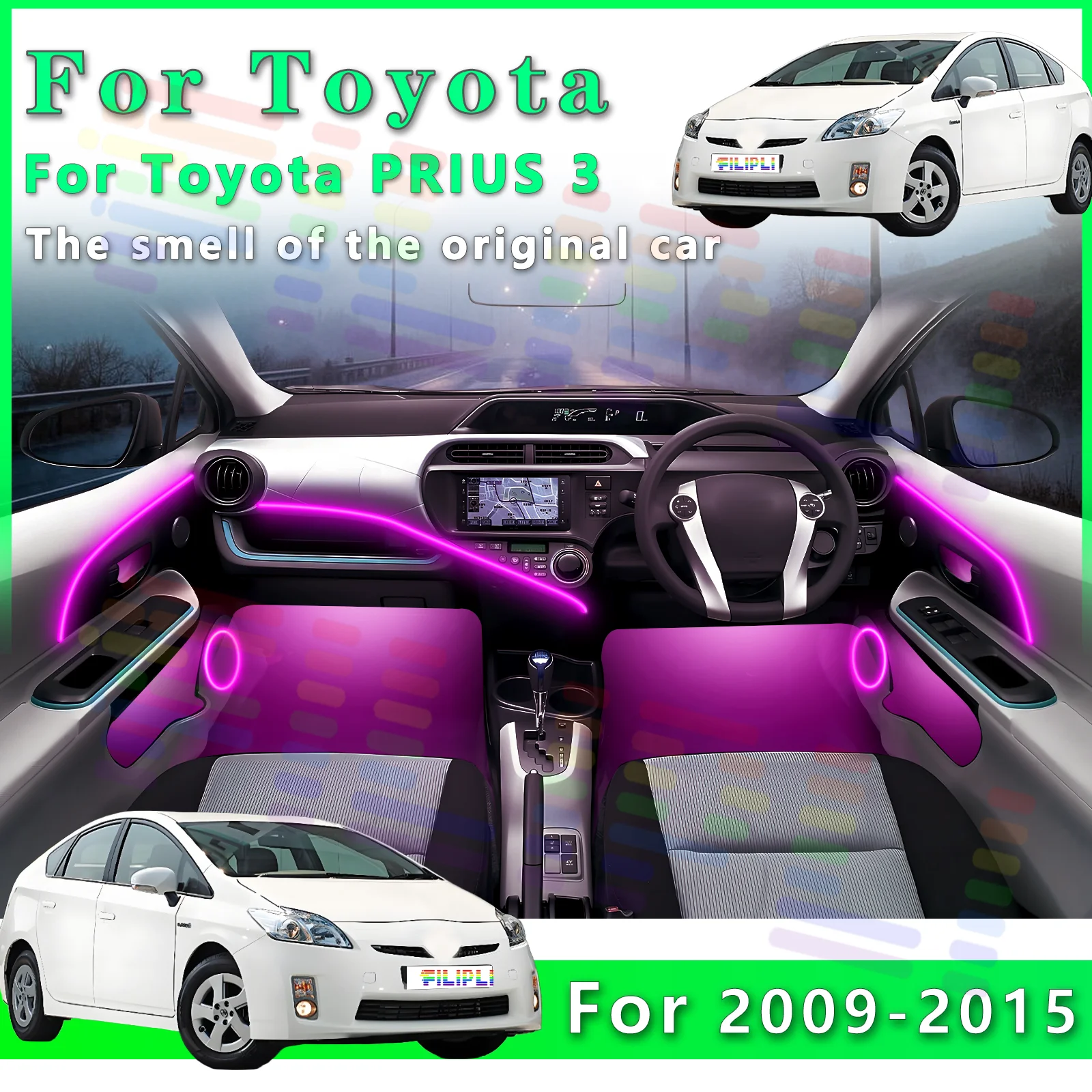 For Toyota PRIUS 2009-2015Y Innovative car mood LED bands with discreet fit and wireless app control offering sound synchronized