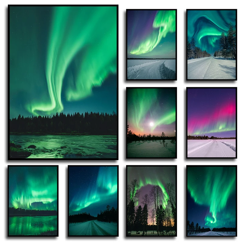 Póster impreso de auroras polares de paisaje natural, arte de pared de paisaje de Aurora Boreal, imagen de luces del norte, pin