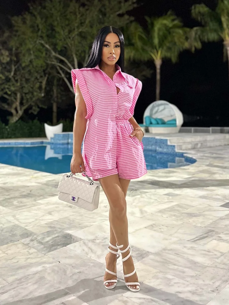 

Three Sisters 2025 Woman Clothes Summer Fashion Casual Pink Shirt Fashion Casual Horn Sleeve Pocket Stripe Two Piece Set