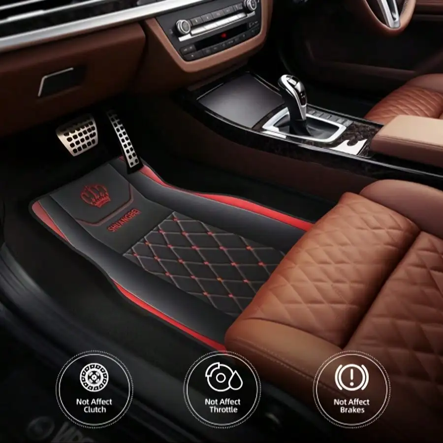 4-Piece Red Grid Car Carpet with Crown Pattern, Non-Slip All-Season Mat for All Car Models, Easy to Clean 5