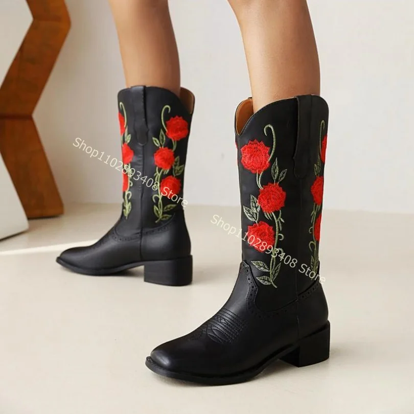 Flower Embroider Combat Boots Round Toe Slip on Chunky High Heels Women Autumn New Fashion Knight Boots 2023 Zapatos Para Mujere