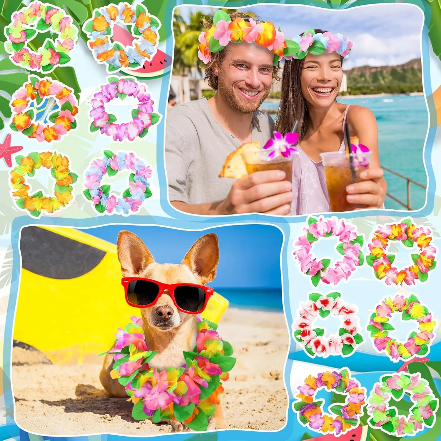 6PCS  Hawaiian Garlands Headband Tropical Hawaiian Flower Headdress Garlands, Summer Beach Pool Party Decorations
