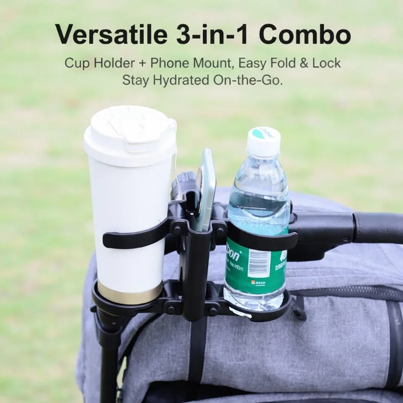 

3 in 1 Stroller Water Cup Holder Foldable Double Drink Rack with Phone Mount Universal for Pram Pushchair Wheelchair Accessories