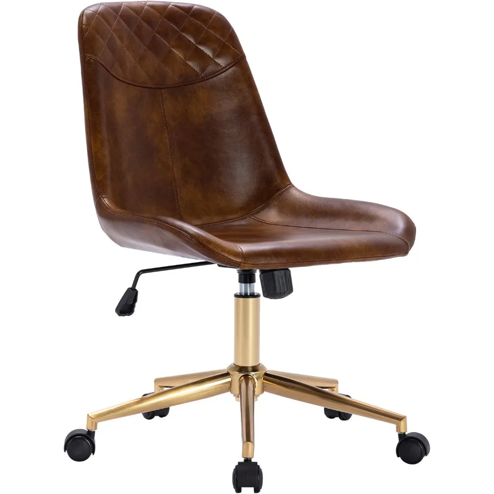 Modern PU Leather Office Chair Desk Chair Swivel Computer Chair with Gold Base Yellowish-Brown