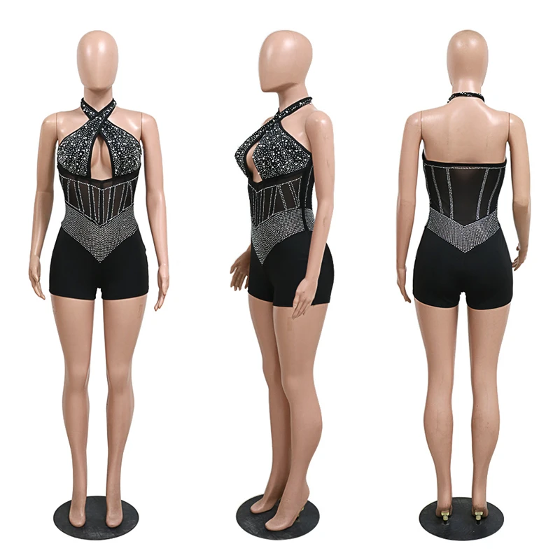 Imagem -02 - Pérolas Diamantes Playsuits Mulheres Sexy Oco Out Cross Halter Backless Sheer Mesh Patchwork Shorts Macacões Clube Festa Romper