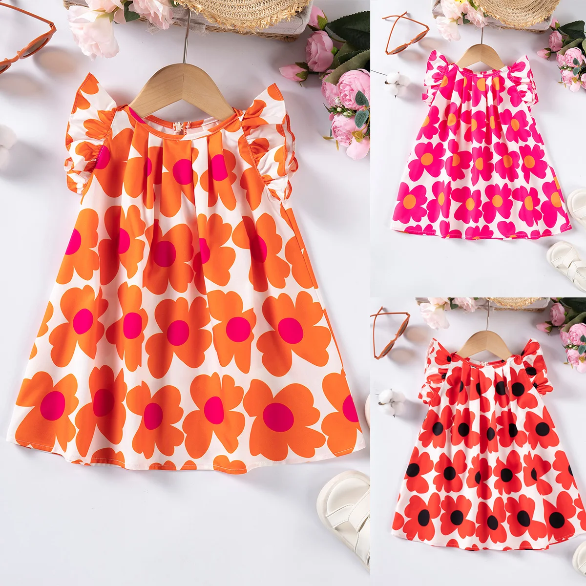 2024 Summer Sleeveless Dresses New Children's Rustic Floral Cute Casual Flying Sleeve Princess Dresses 0-5Y