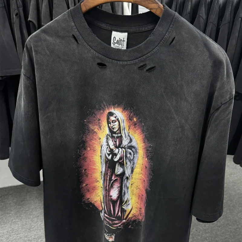 

2025ss Saint T-Shirts Best Quality Digital Direct Printing Streetwear Oversized Vintage Washed Black T Shirt Tee Tops