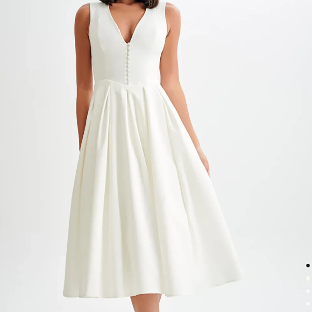 ง่ายคลาสสิก V คอแขนกุดซาติน A-Line ชุดราตรีอย่างเป็นทางการวันเกิด Party Prom Gowns ที่กําหนดเอง