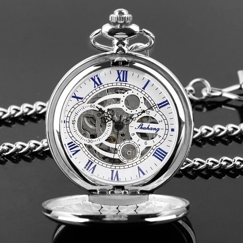 Silver Classic Roman Numerals Manual Mechanical Pocket Watch Retro Chain Clock Gift for Male Antique Hand Winding Pocket Clock