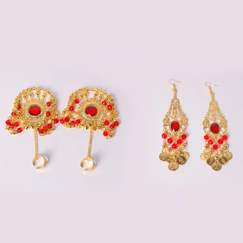 6-delige set rode strass kwastje hoofddeksels oorbellen ketting armband Indiase stijl sieradenset voor dames en kinderen