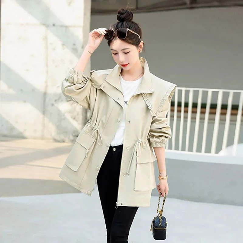 

2023 New Spring Autumn Trench Coat Female Korean Zipper Navy Collar Mid-Long Women's Windbreaker Jacket Casual Ladies Outerwear