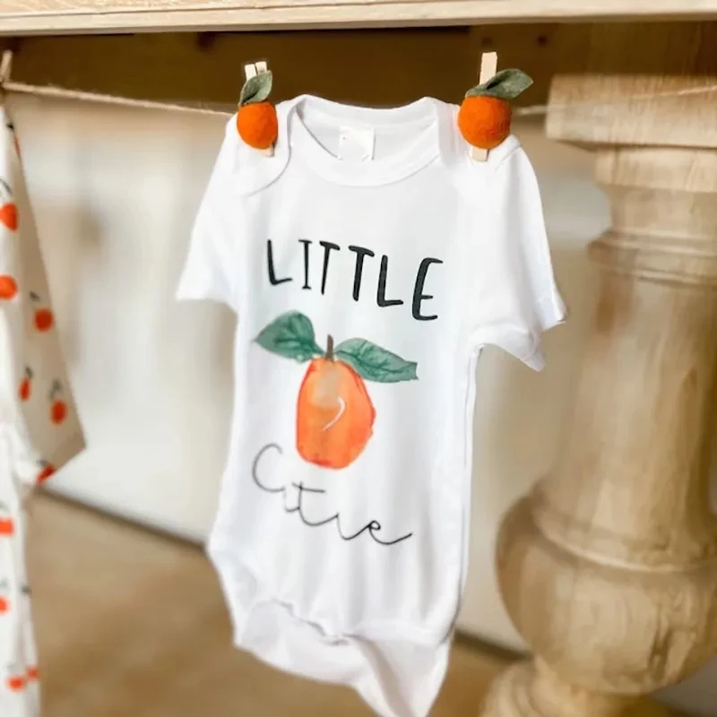 Little Cutie Bodysuit Newborn Outfit Fruit Orange Citrus Theme fall autumn Neutral boy or girl Baby Shower gender reveal gift