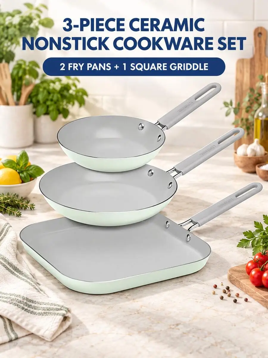 3-Piece Ceramic Nonstick Cookware Set, 8-Inch & 10-Inch Frying Pans With 11-Inch Square Griddle, Fast Even-Heating Aluminum, Ove