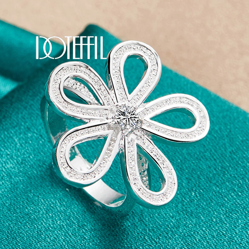 DOTEFFIL 925 Sterling Silver Five Petal Big Flower Ring For Woman Man Fashion Wedding Engagement Party Gift Charm Jewelry