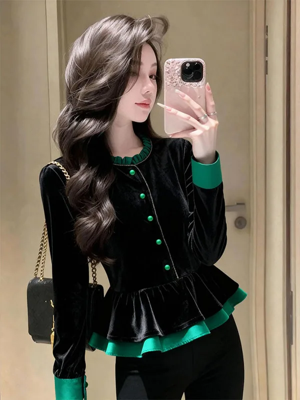 

Bla Velvet irt Women's Faionable Autumn Winter Collarl Long Sve Breathable Casual Sle round Ne Button up Top