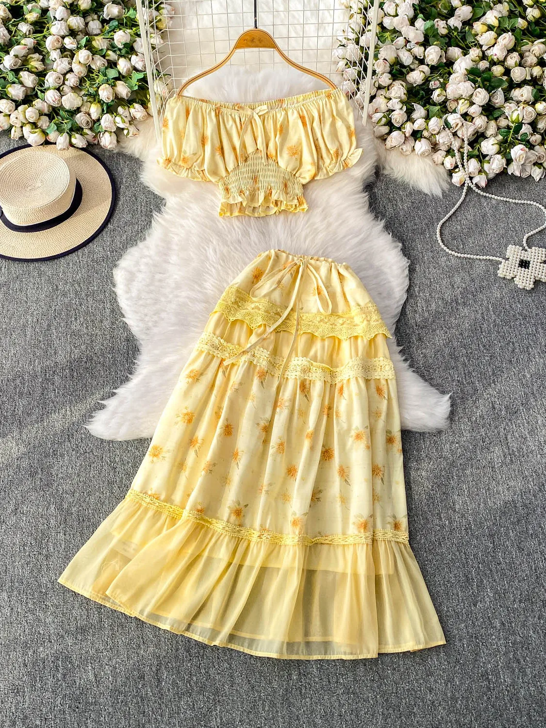 

Sweet Floral Tie Waist ort Top Lace Puffy Sve Long Skirt Set Women's Faion Summer Outfit round Ne Two-Piece Suit