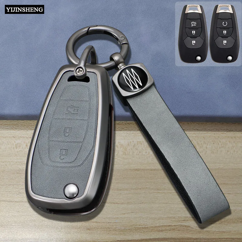 Funda de cuero para llave de coche con 3 botones de aleación de Zinc + soporte de piel para Chevrolet Cruze Aveo Malibu Onyx LTZ 2014-2018
