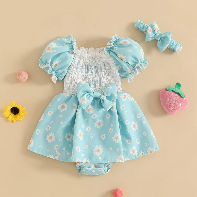 Baby Girl Romper Dress Cherry Flower Print Letter Embroidery Puff Sleeve Jumpsuit With Cute Headband Set Summer Clothes 0-18 M