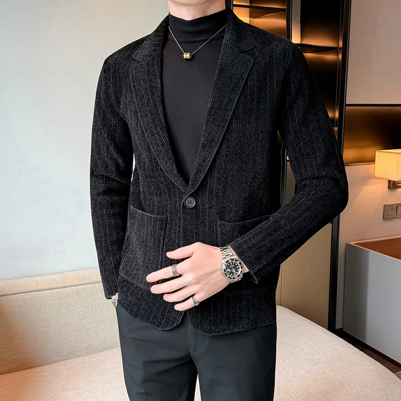 Boutique Fashion Men's Blazer High-end Korean-style Elastic Men Knitted Cardigan Casual Business Single-breasted Suit Jackets