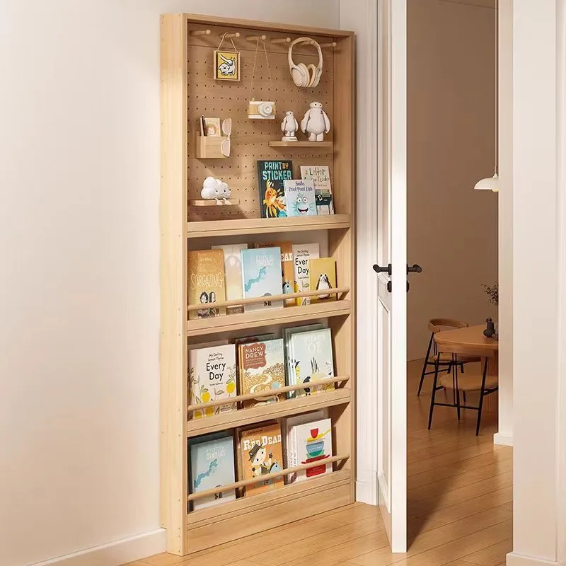 Storage rack, solid wood hole board shelf, small apartment bookshelf behind narrow slit door, multi-layer picture book rack