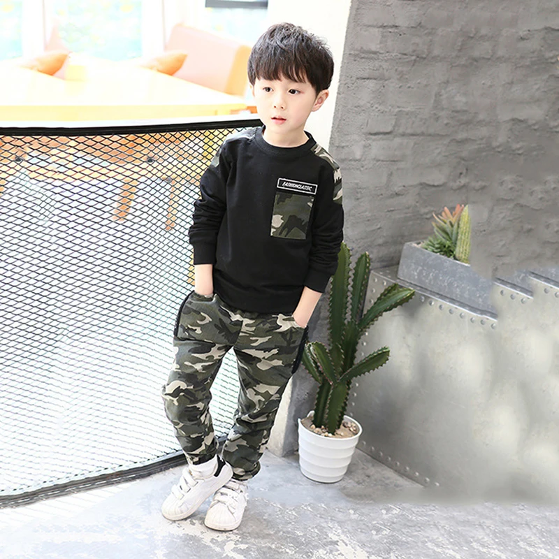 Autumn Kids Baby Boy Cotton Long Sleeve T-shirt Tops Trousers Outfits Set Camouflage Pattern Casual Clotjing Suit