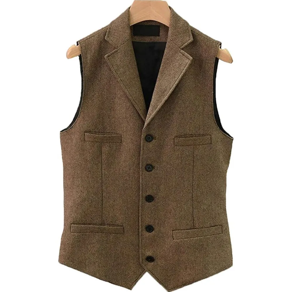 Men Vest Brown Herringbone Single Button With Lapel And Pocket Waistcoat For Wedding Groom Business Formal Banquet Work Men Suit