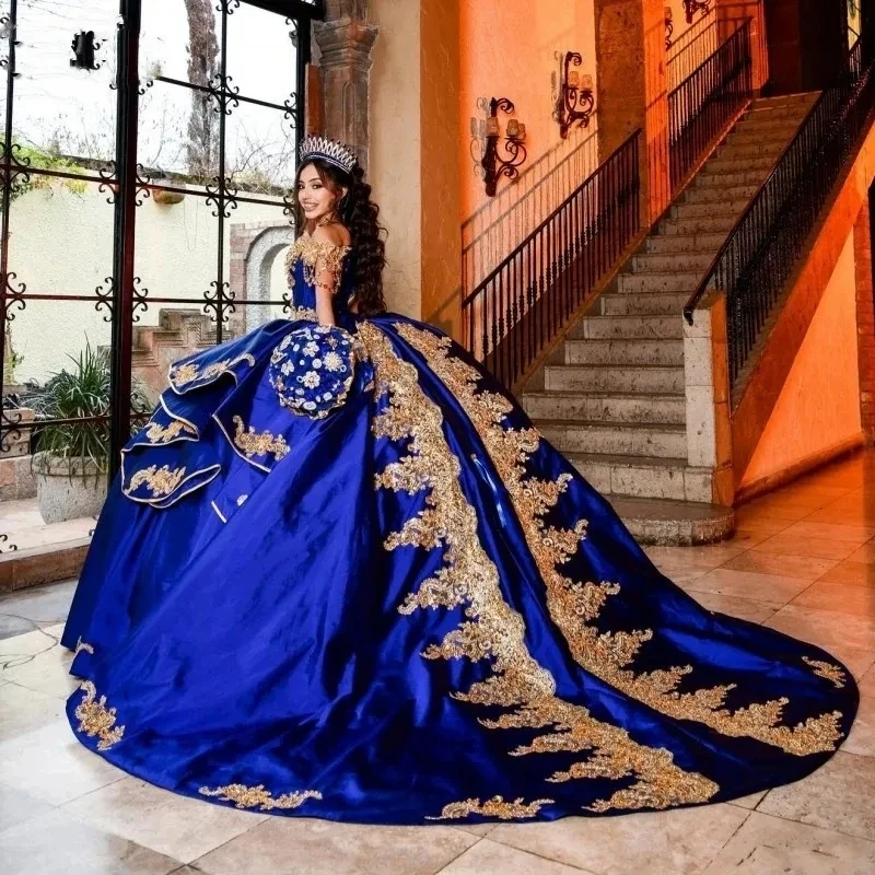 

Blue Long Royal Train Quinceanera Dresses Lace Beading Vestidos De 15 Anos Off The Shoulder Mexican Girls Birthday Gowns