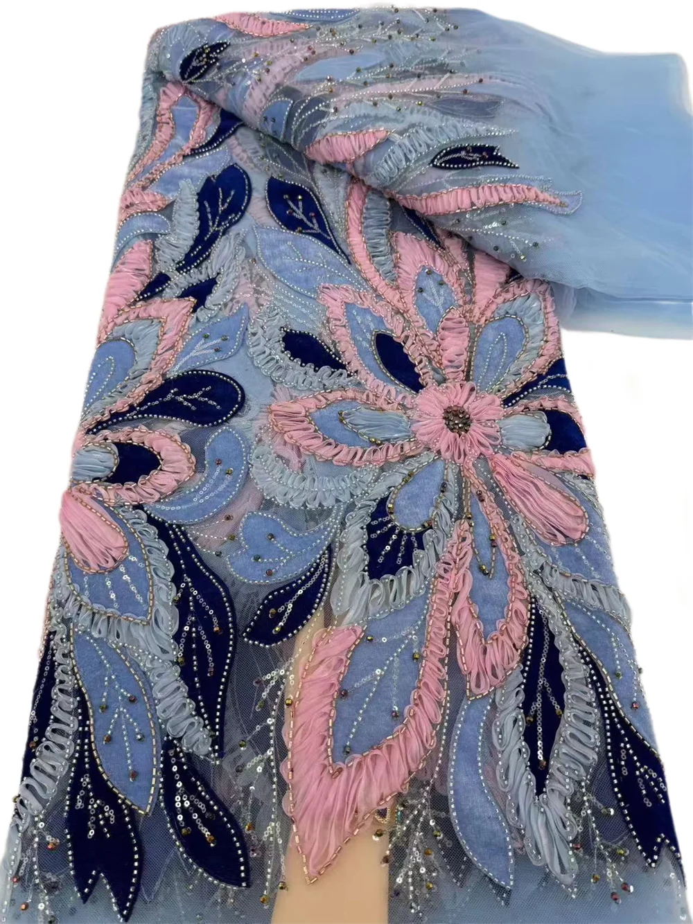 Sexy African 3D Big Flower Ribbons Lace Fabric Embroidery Luxury French Mesh Lace Fabric Sequins Beads For Nigerian Women Party