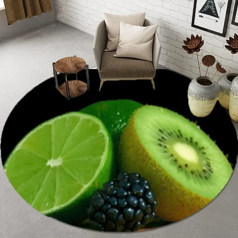 ~O~Broccoli & Fruit Print Round Carpet – Soft Non-Slip Area Rug for Kitchen, Bathroom, Living Room or Bedroom Floor Decor