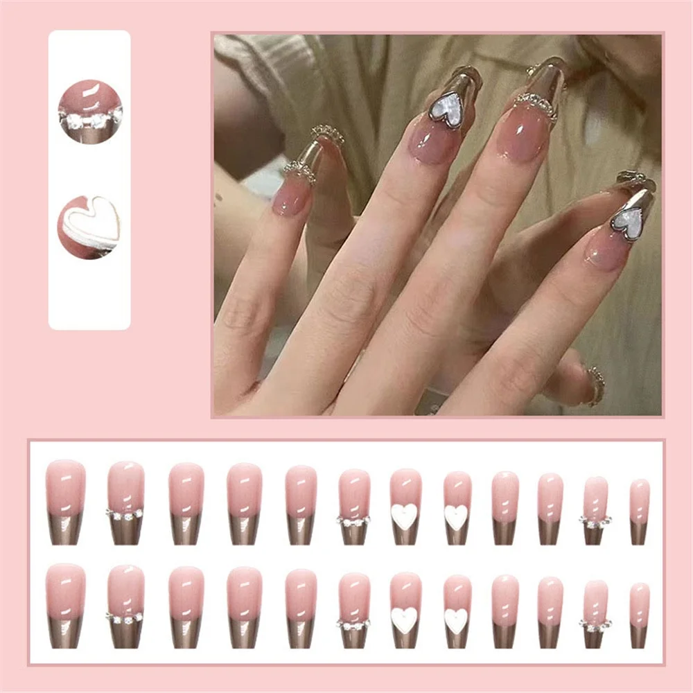 

Hot Selling Love Heart Magic Mirror False Nails Patch Finished Product Wholesale 24 Pieces of French Style Fake Nail
