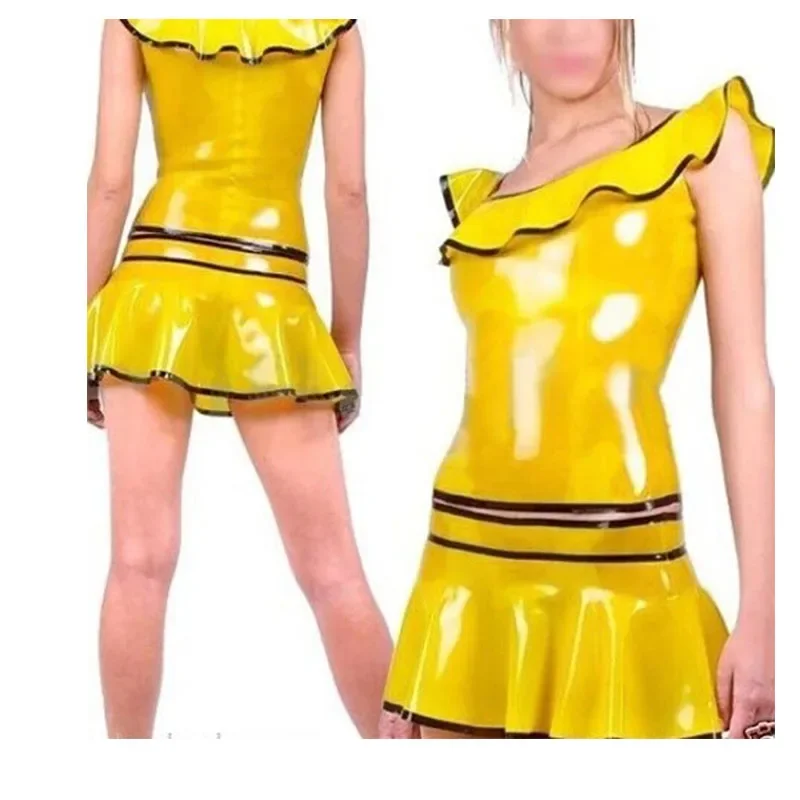 

Latex Rubber Cosplay Maid Dress Yellow Sexy Tight Skirt with Top Everyday Wear Party Role Play XS-XXL
