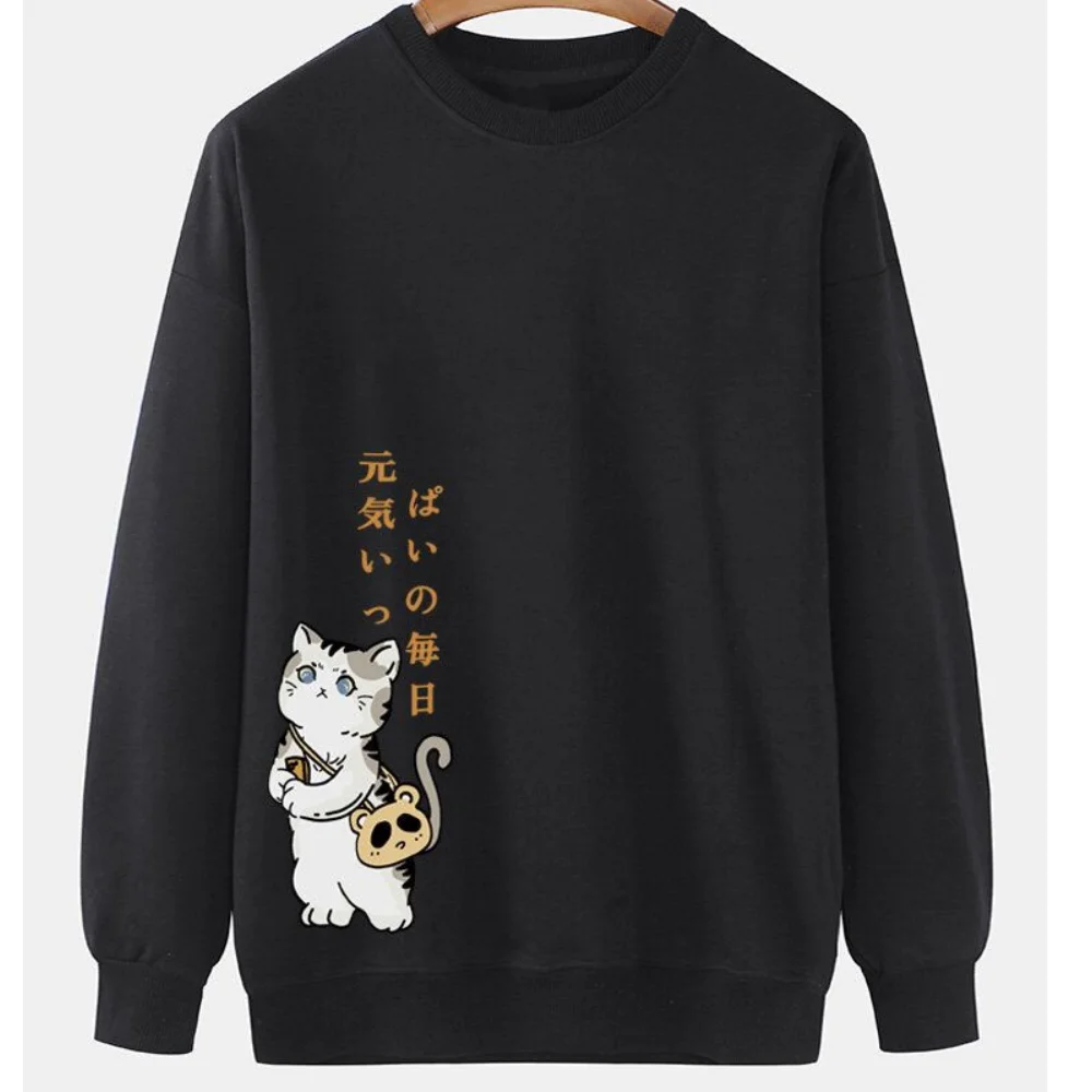 Animal Cat Print Men Sweatshirt Harajuku Cute Loose Long-sleeved Tops Fashion Simple Hoodies Oversized Men Women Unisex Clothing