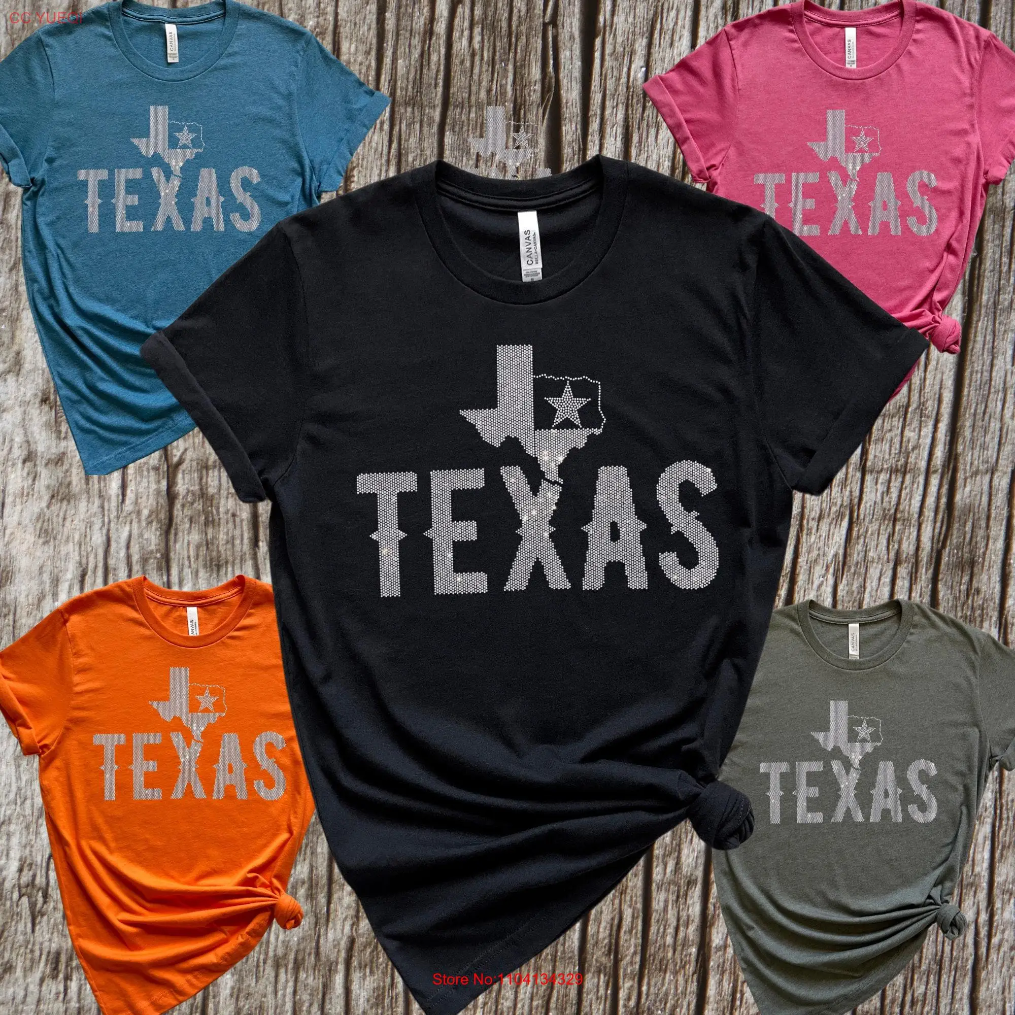 Texas T Shirt Longhorn Lone Star Rhinestone Map Bling Top Texans  long or short sleeves