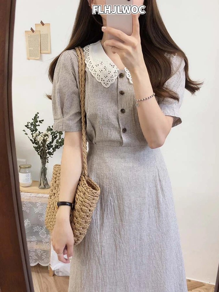 Vintage Dresses Hot Sales Woman Summer Cute Sweet Japan Korea Preppy Style Peter Pan Collar Cotton Button Shirt Dress Retro 6918