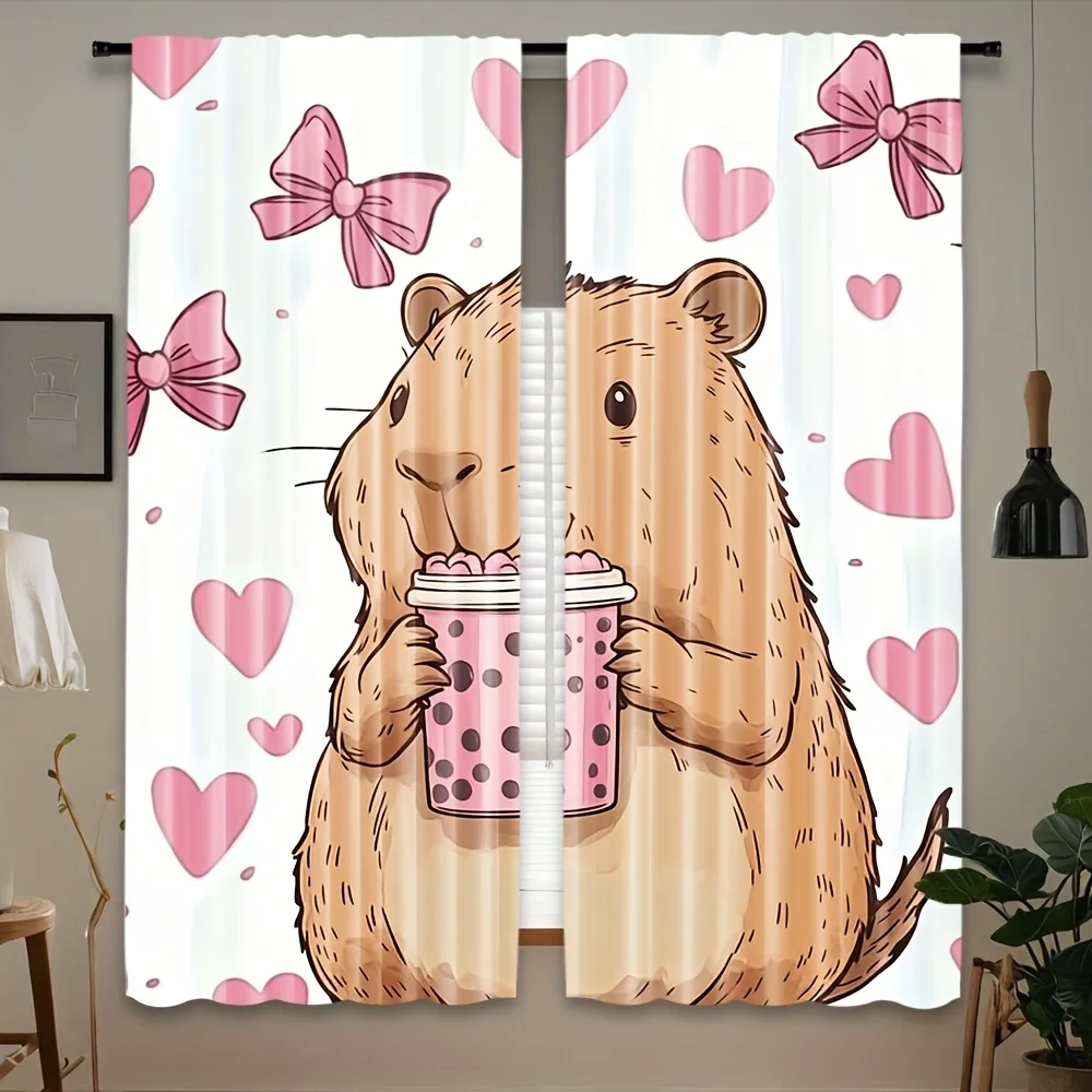 Cute Hamster with Boba Tea Blackout Curtains - Pink Bow Heart Cartoon Animal Print Window Drapes for Girls Bedroom
